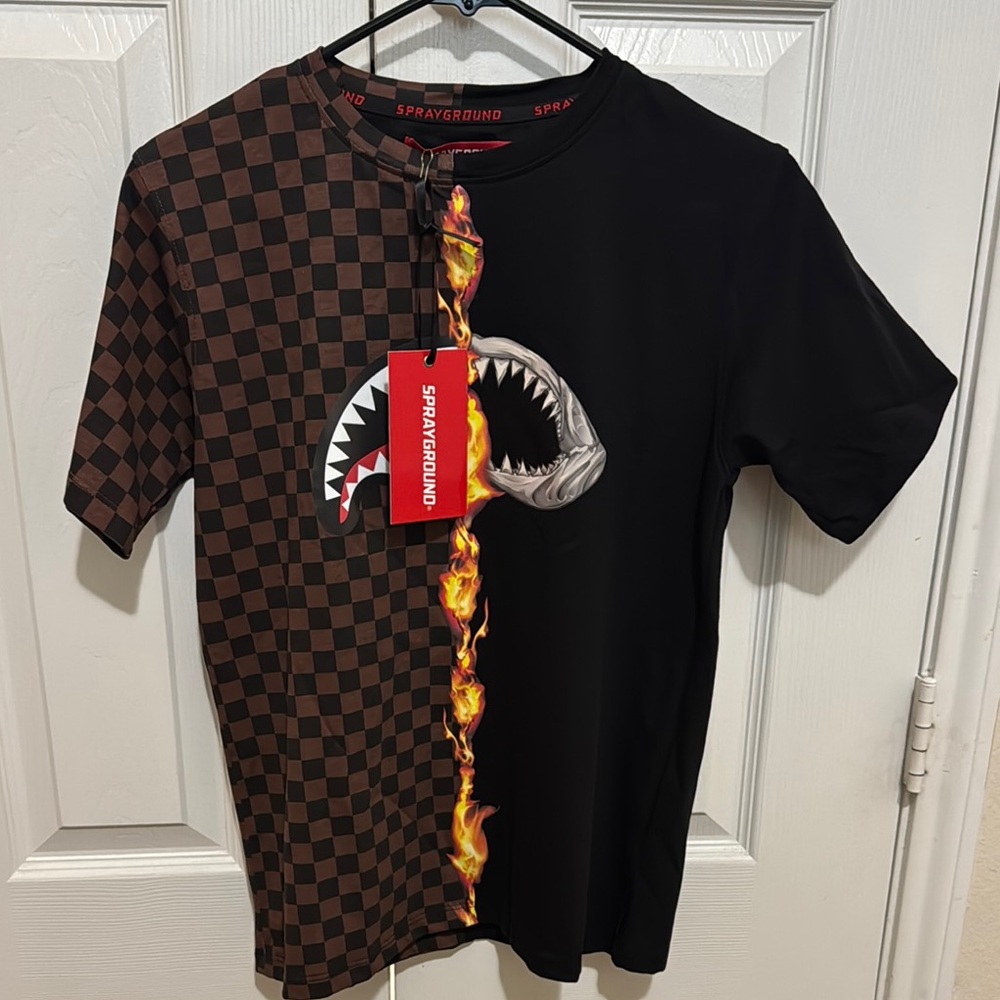 Sprayground Black and Brown Short Sleeve Tee with Checkerboard Design